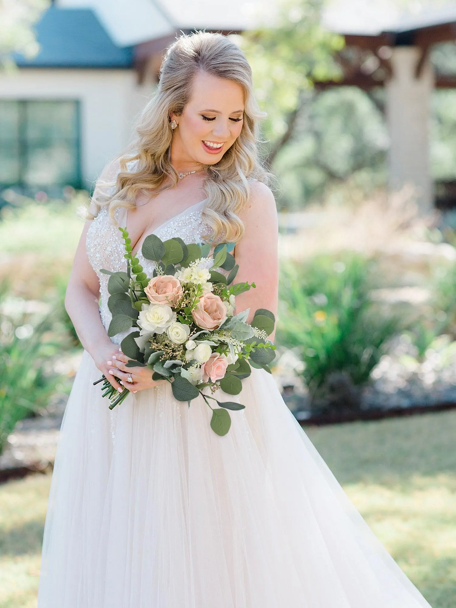 12.6 inch wide Blush Pink & White Bridal Bouquet