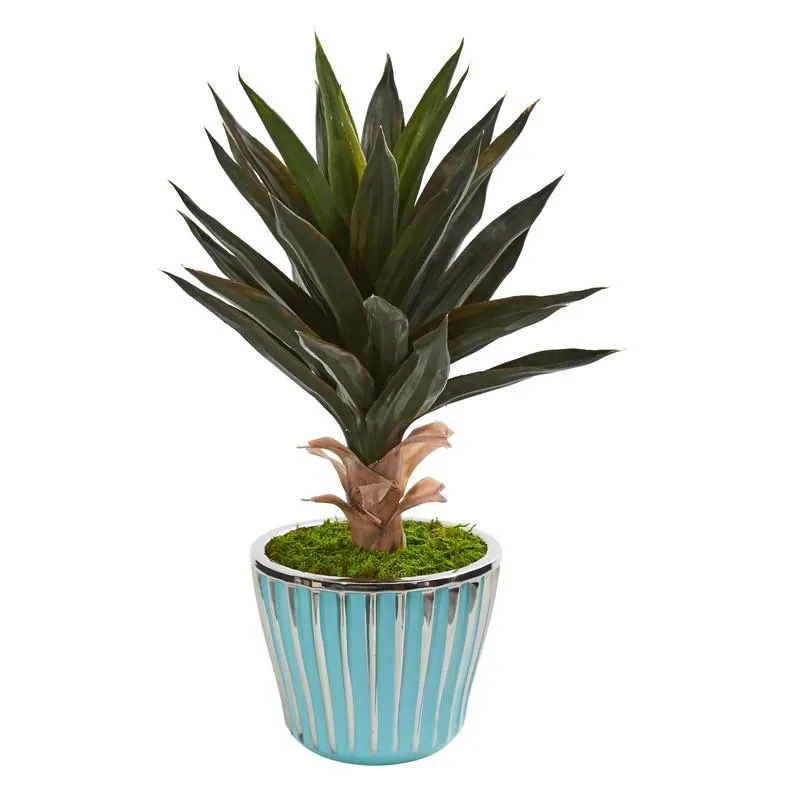 21" Agave Artificial Plant in a Turquoise Planter with Silver Trimming