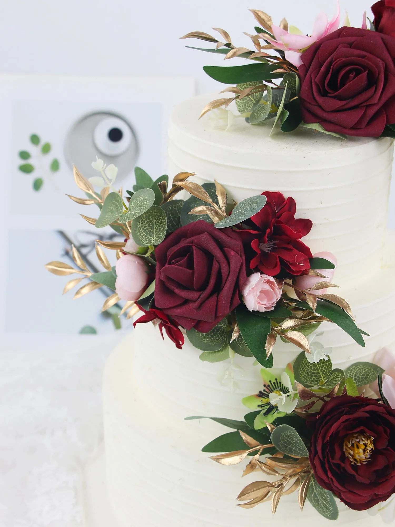 3Pcs Burgundy Cake Flowers Set