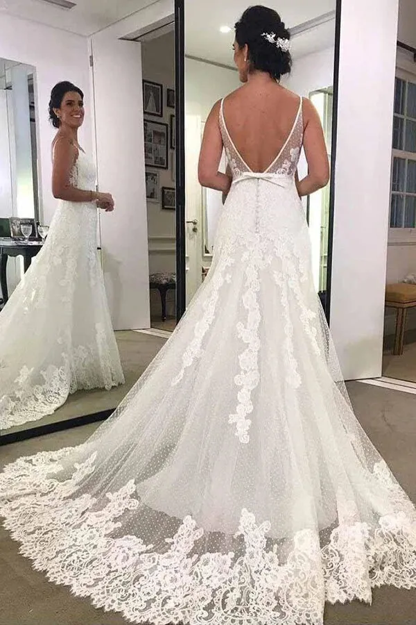 A Line Backless Polka Dot Lace Wedding Dress
