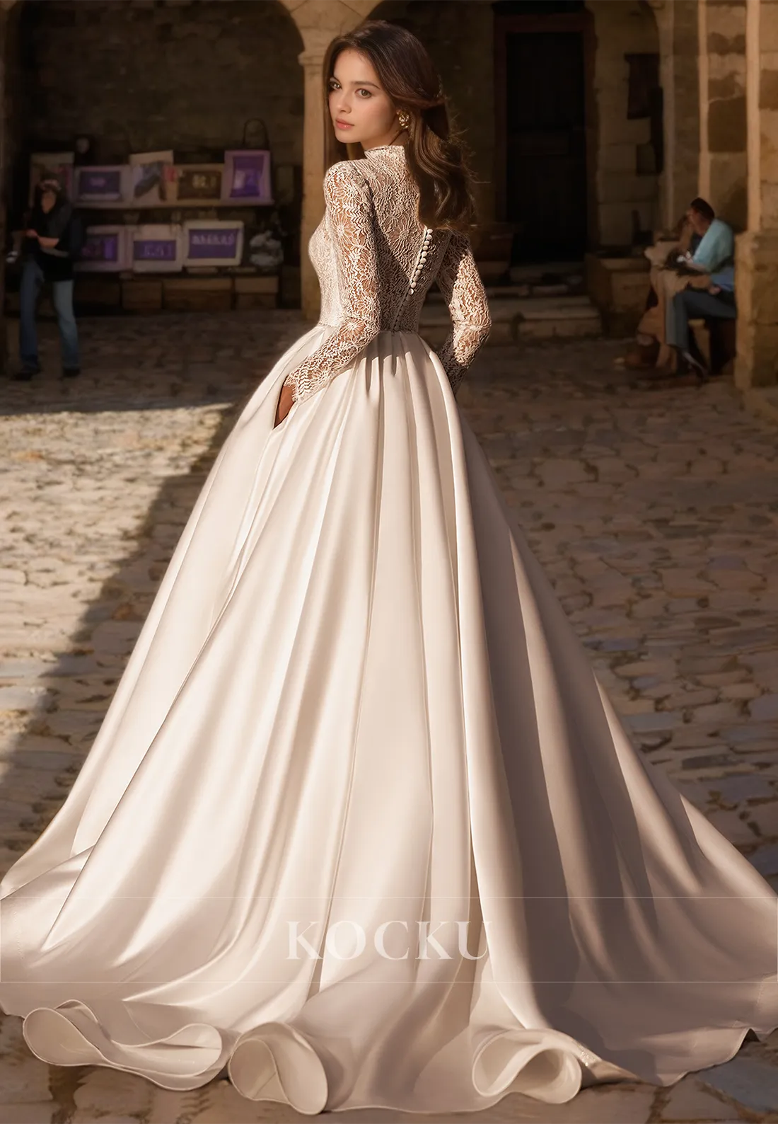 A-Line High Neck Long Sleeves Train Appliques Pleated Satin Bridal Gowns with Pockets Wedding Dress