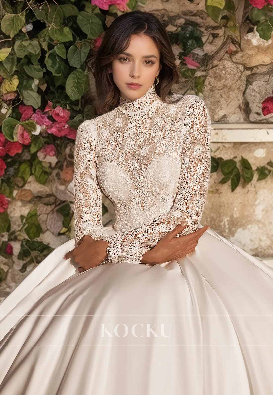 A-Line High Neck Long Sleeves Train Appliques Pleated Satin Bridal Gowns with Pockets Wedding Dress
