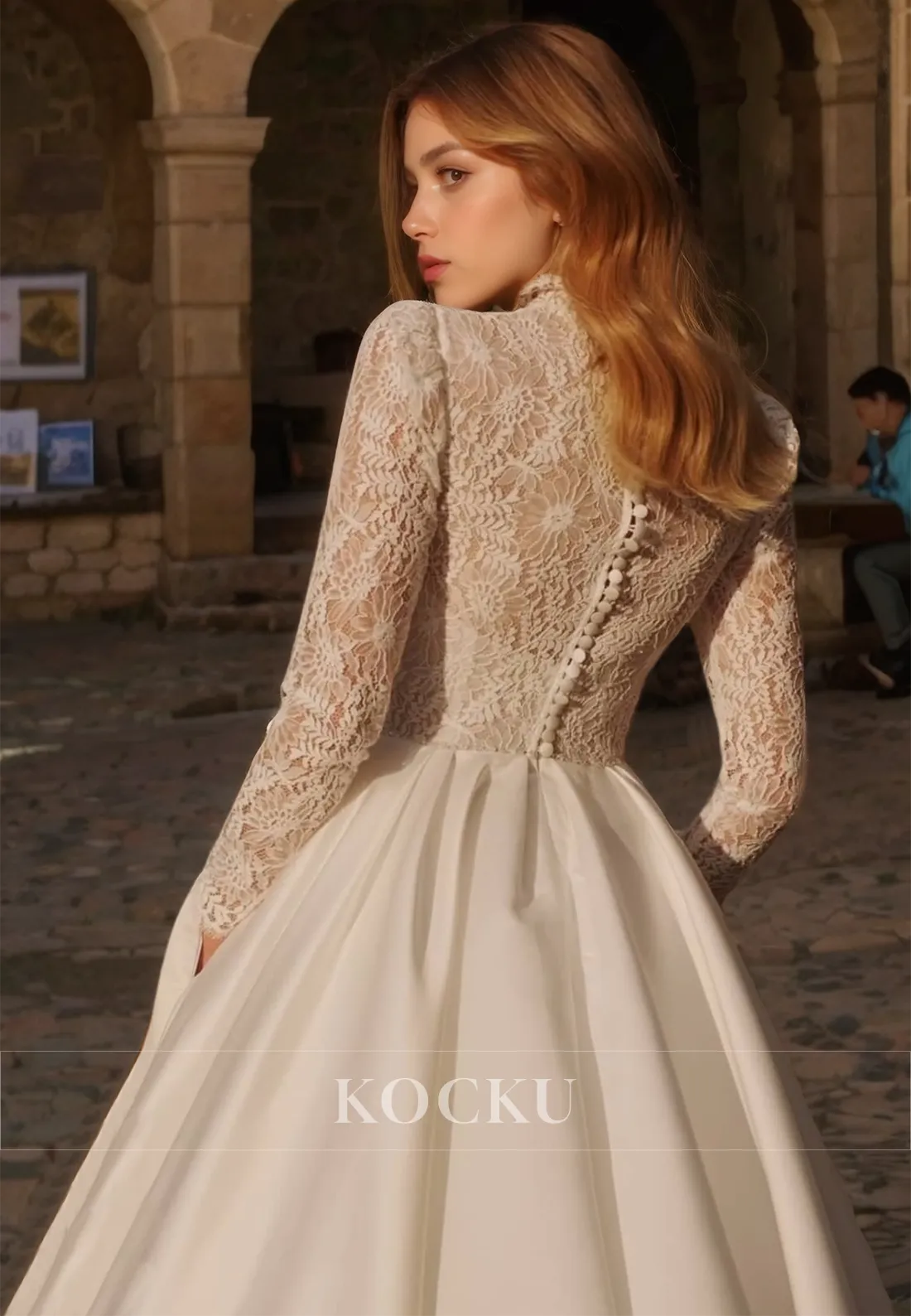 A-Line High Neck Long Sleeves Train Appliques Pleated Satin Bridal Gowns with Pockets Wedding Dress