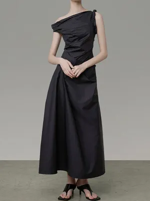 A-Line High Waisted Asymmetric Solid Color One-Shoulder Midi Dresses