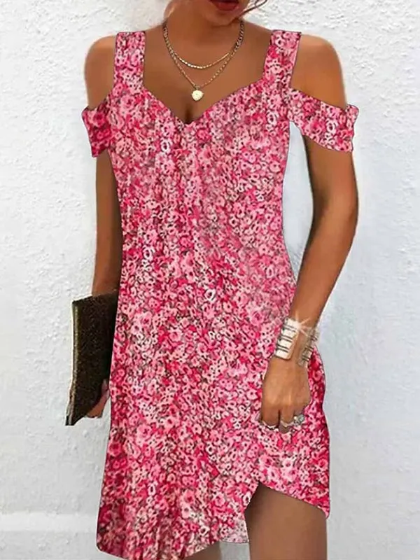 A-Line High Waisted Flower Print Hollow Cold Shoulder Mini Dresses