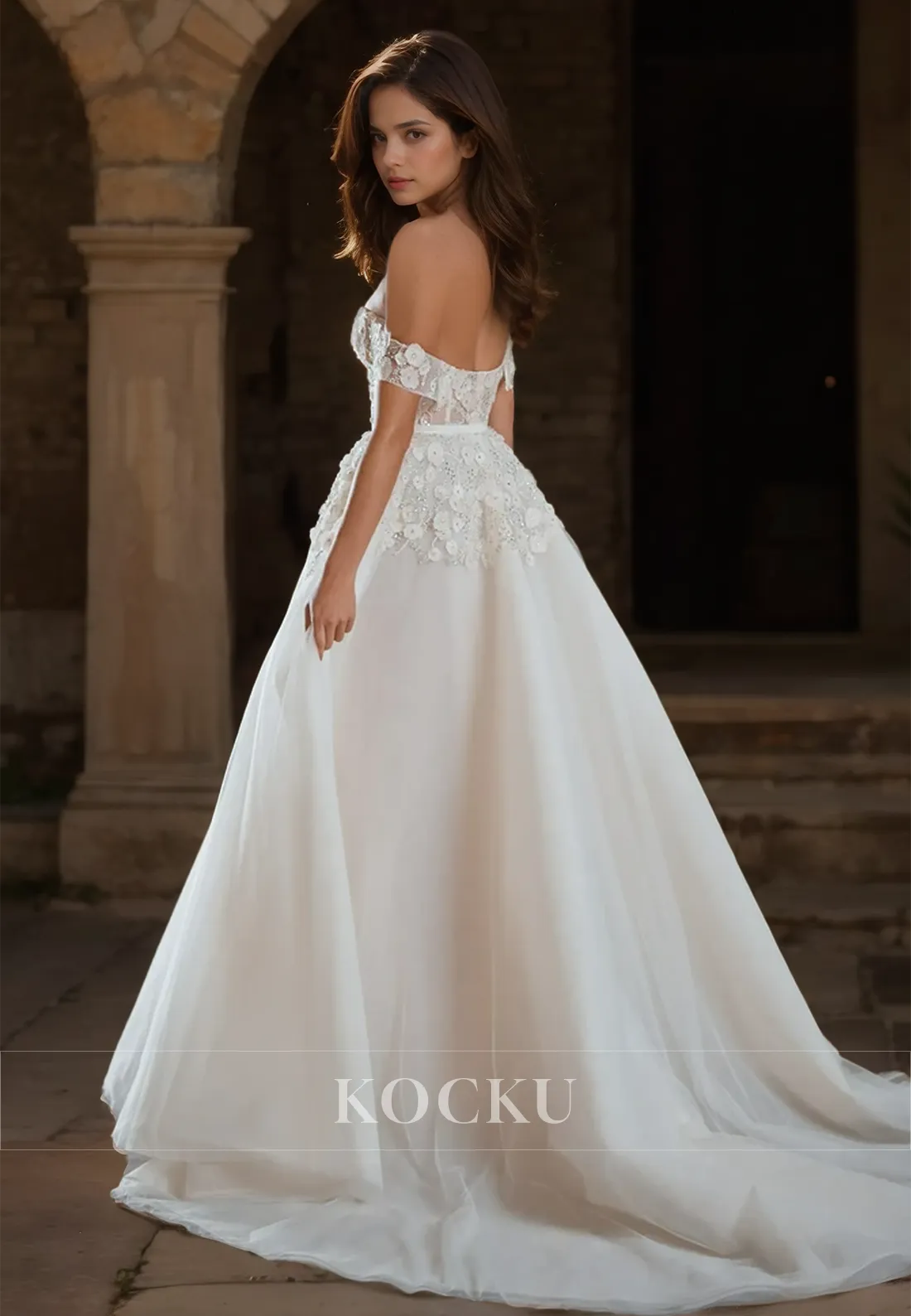 A-Line Off-Shoulder Sleeveless Appliques Pleats Lace Wedding Dress with Beads Boho Gowns