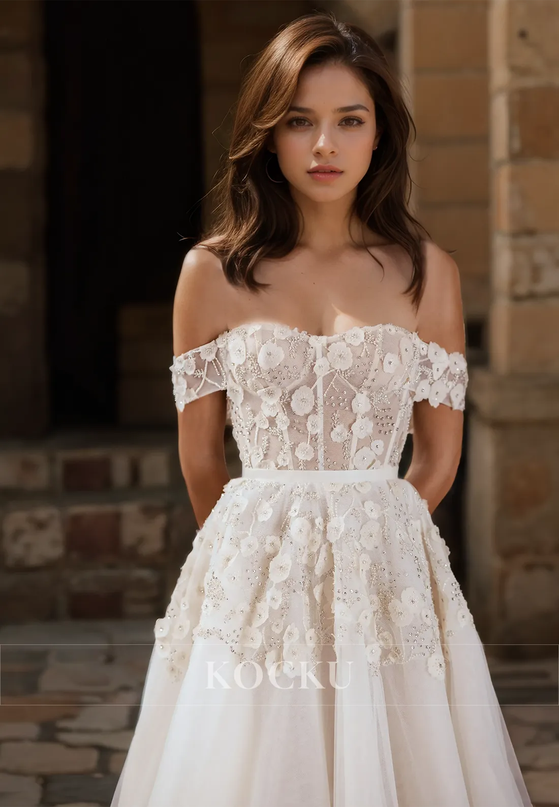 A-Line Off-Shoulder Sleeveless Appliques Pleats Lace Wedding Dress with Beads Boho Gowns