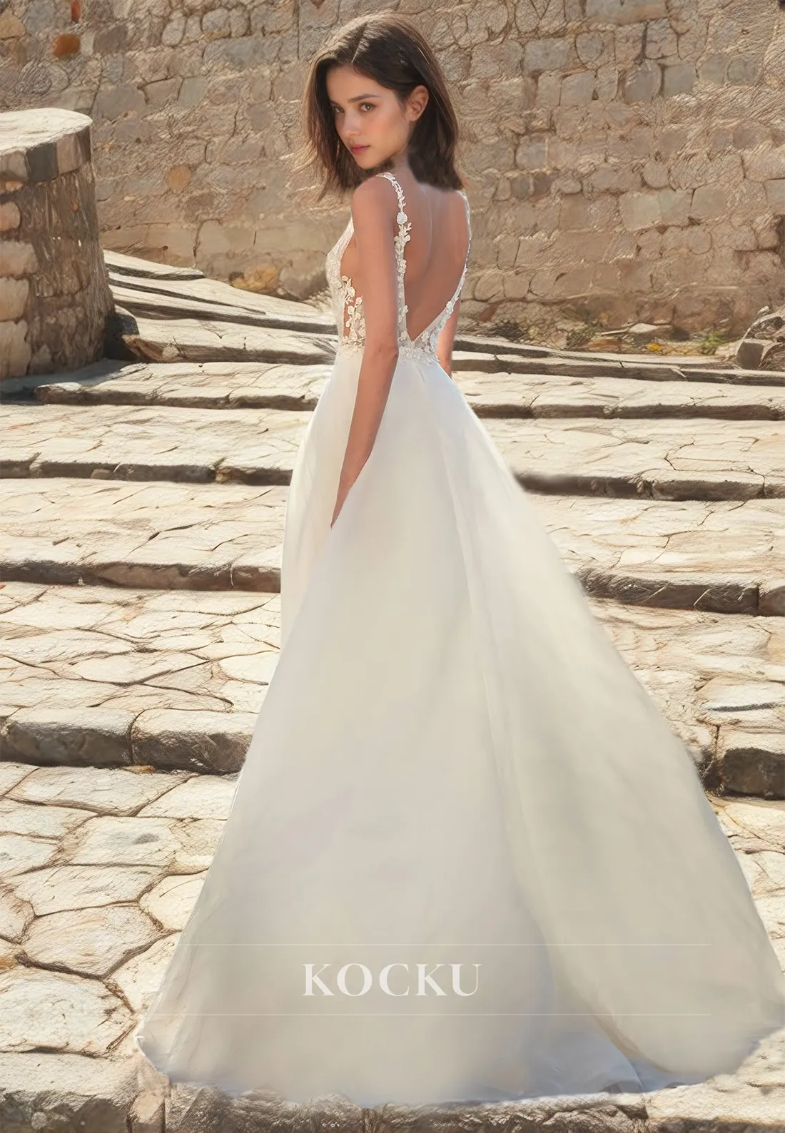 A-Line V-Neck Beach Wedding Dress Spaghetti Straps Slit Floor-Length Lace Boho Dress with Appiques