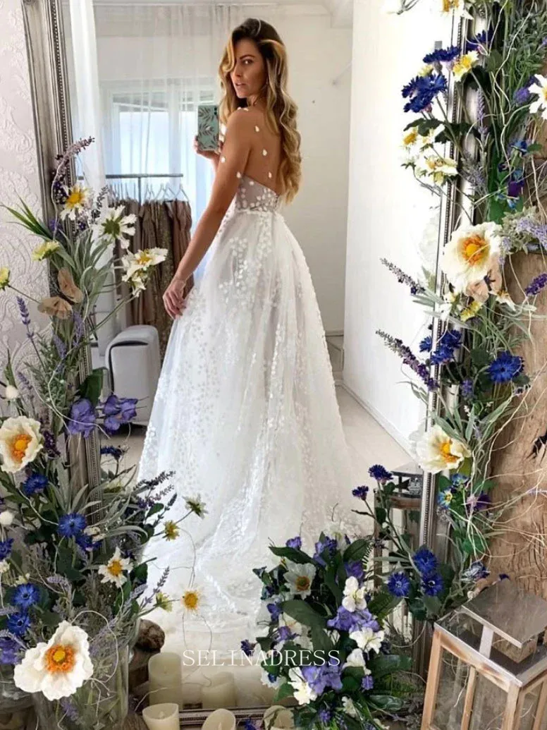 A-line V neck Boho Wedding Dresses See Through Rustic Wedding Dress KPY063