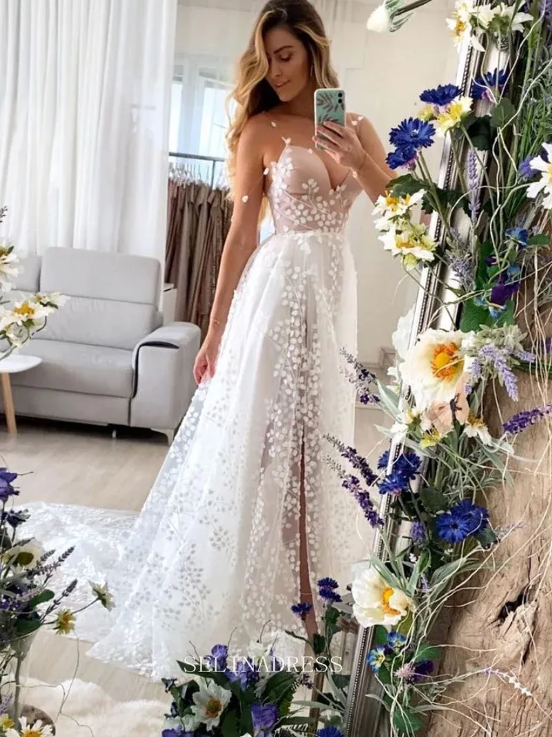 A-line V neck Boho Wedding Dresses See Through Rustic Wedding Dress KPY063