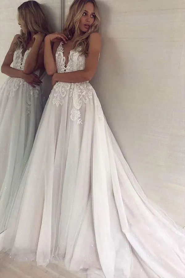 A Line V Neck Tulle Wedding Dress With Appliques