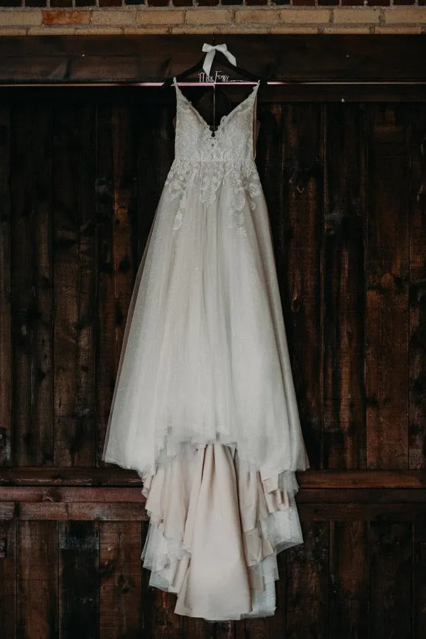 A Line V Neck Tulle Wedding Dress With Appliques