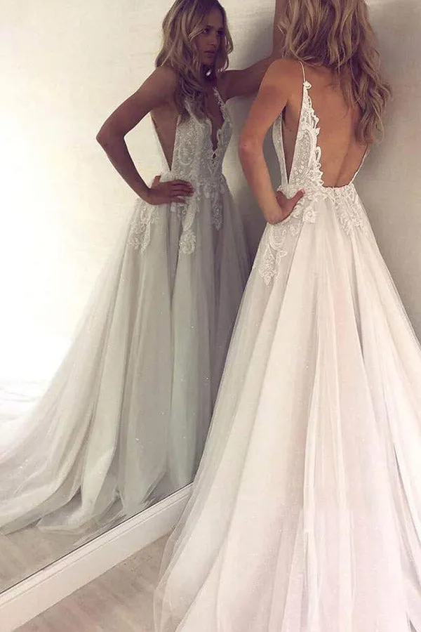 A Line V Neck Tulle Wedding Dress With Appliques