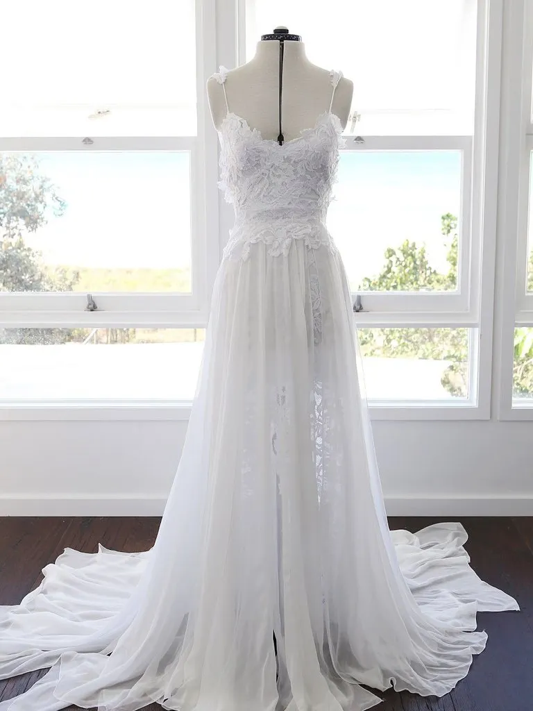 A Line White Chiffon Beach Wedding Dress Spaghetti Straps Bridal Gown