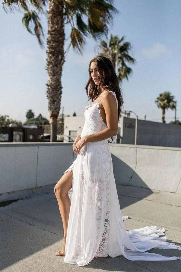 A Line White Chiffon Beach Wedding Dress Spaghetti Straps Bridal Gown