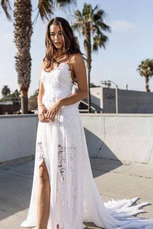 A Line White Chiffon Beach Wedding Dress Spaghetti Straps Bridal Gown