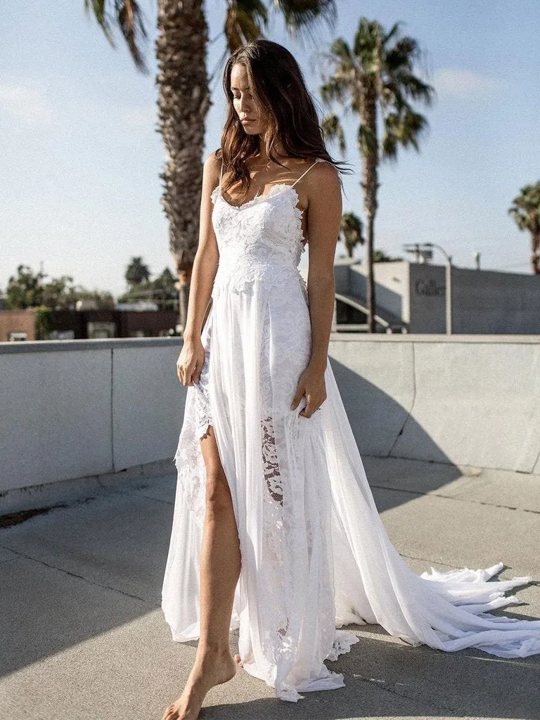 A Line White Chiffon Beach Wedding Dress Spaghetti Straps Bridal Gown
