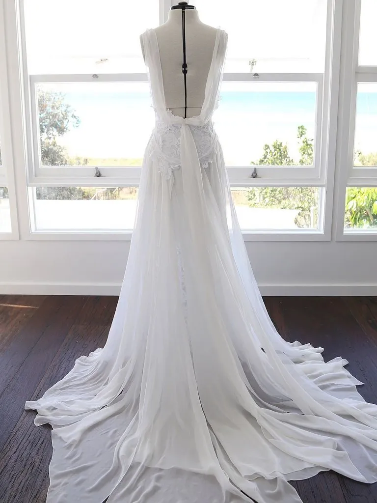 A Line White Chiffon Beach Wedding Dress Spaghetti Straps Bridal Gown