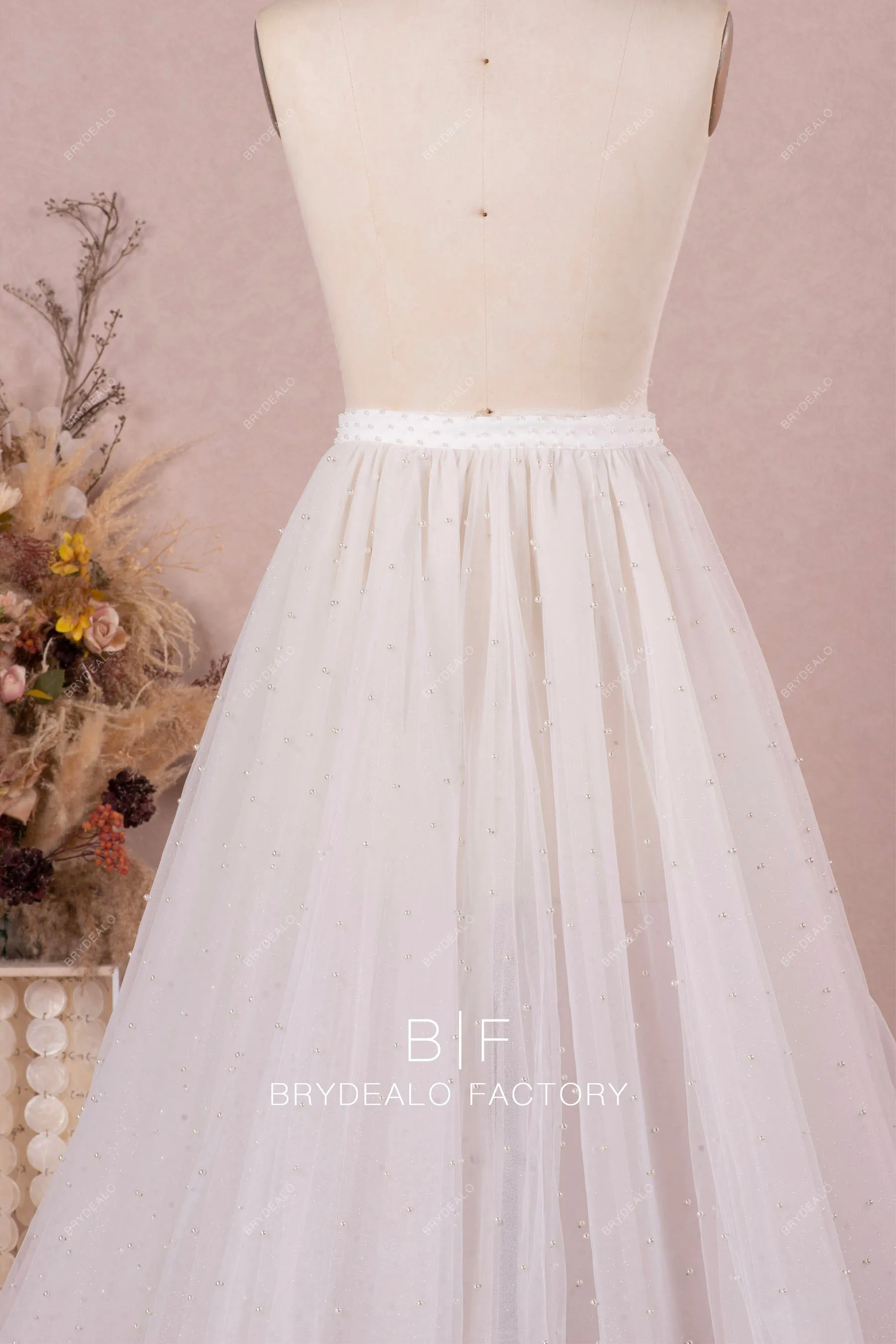 Allover Pearls Elegant Cathedral Length Bridal Overskirt