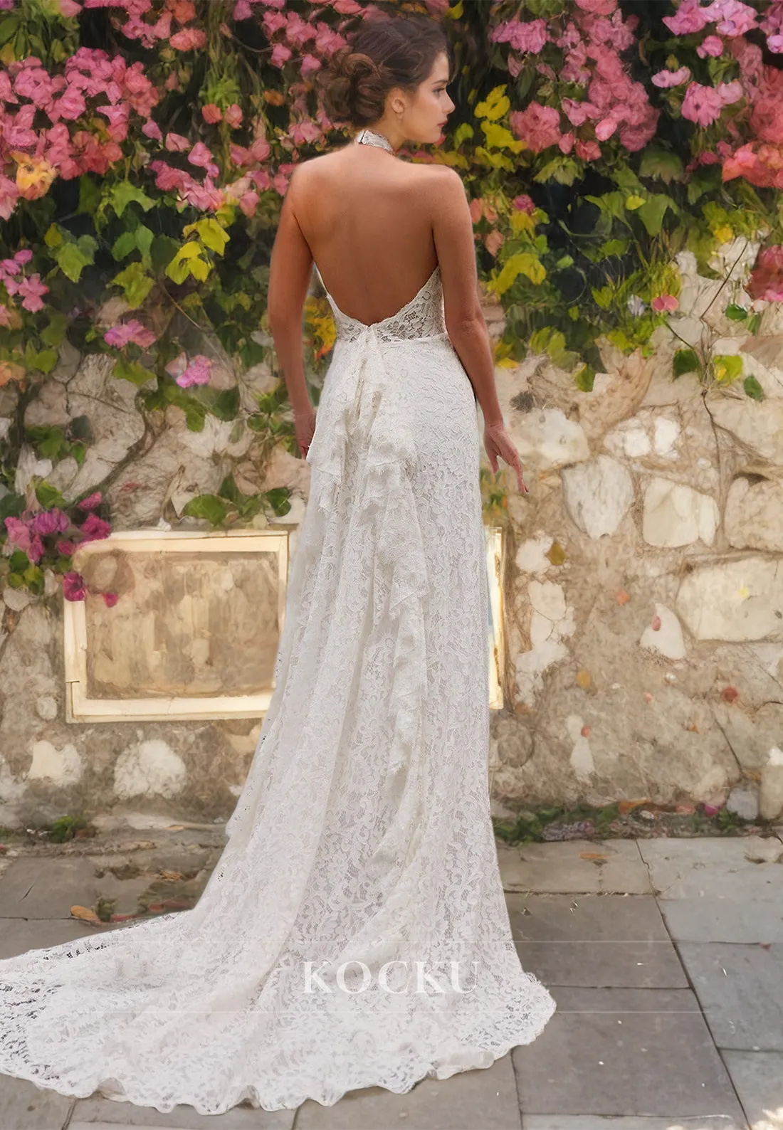 Asymmetrical Sheath Sleeveless Sweep Train Appliques Lace Bridal Gowns with Cut Outs Wedding Dress