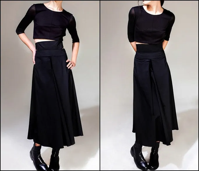 Avan-Garde Loose fitting Wide Leg Japanese Style Asymmetrical High Waist Bandage Skirt Trouser
