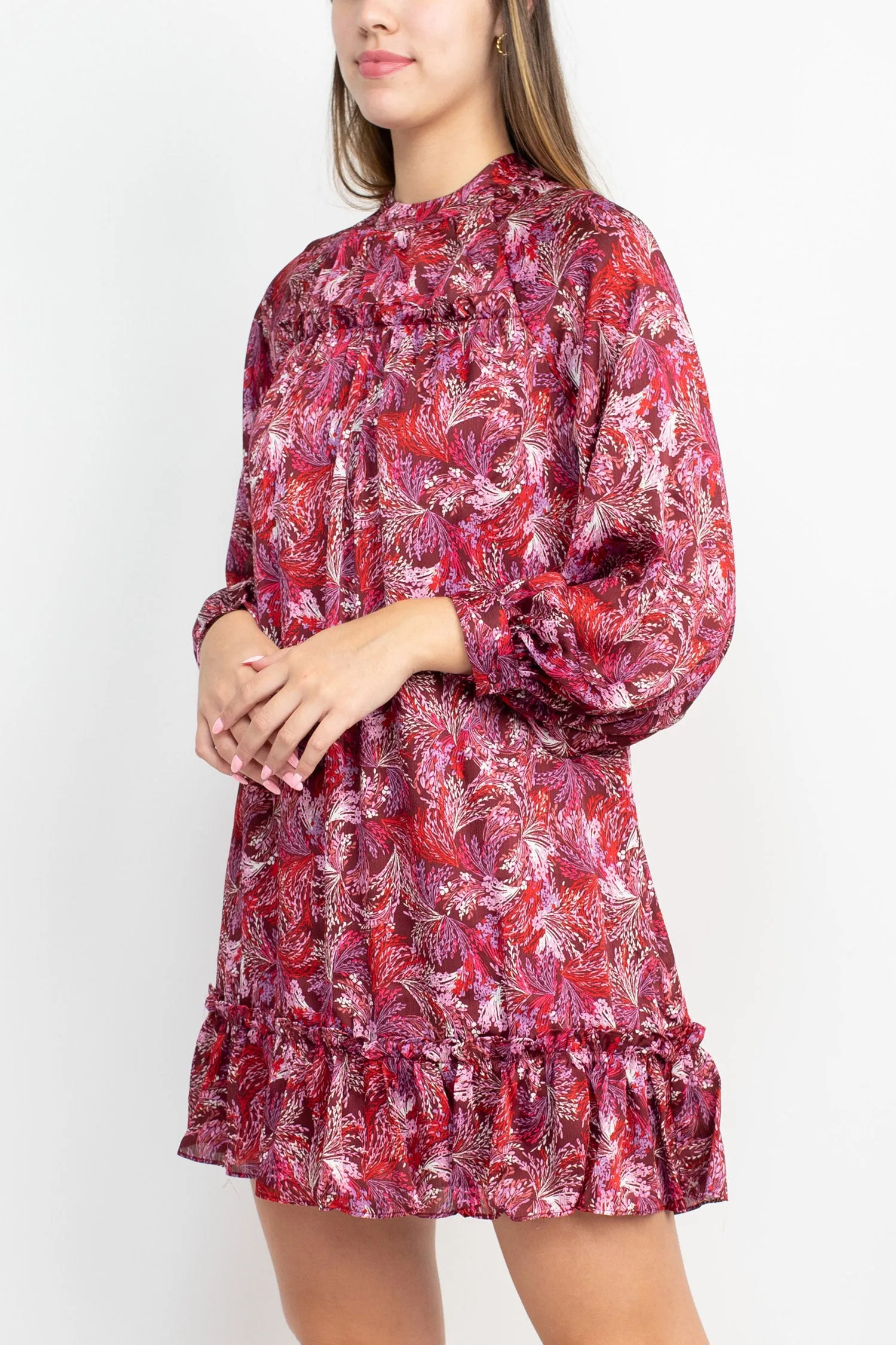 BCBG Generation Crew Neck Ruffle Detail Long Sleeve Cutout Back Multi Print Satin Dress