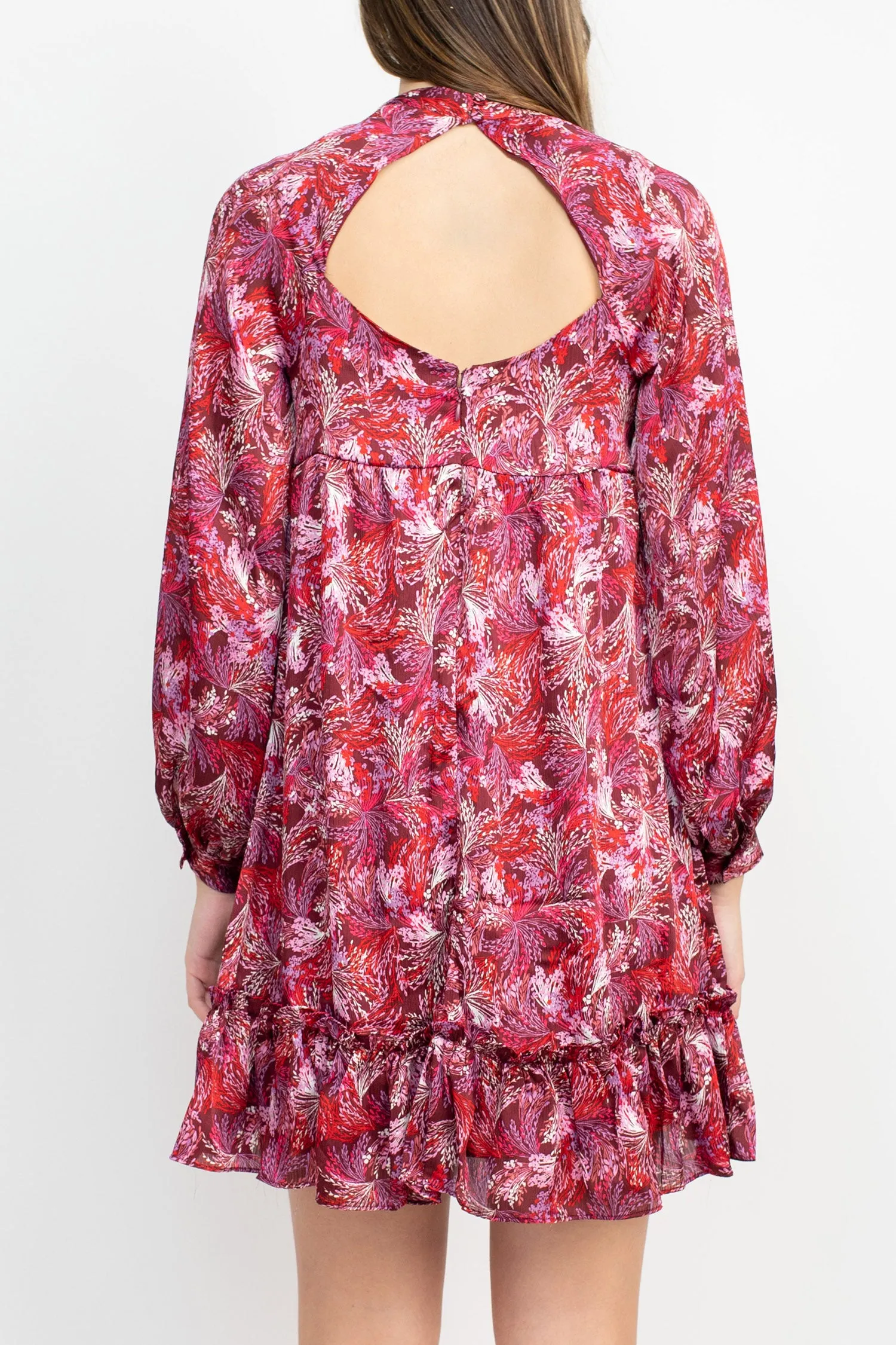 BCBG Generation Crew Neck Ruffle Detail Long Sleeve Cutout Back Multi Print Satin Dress