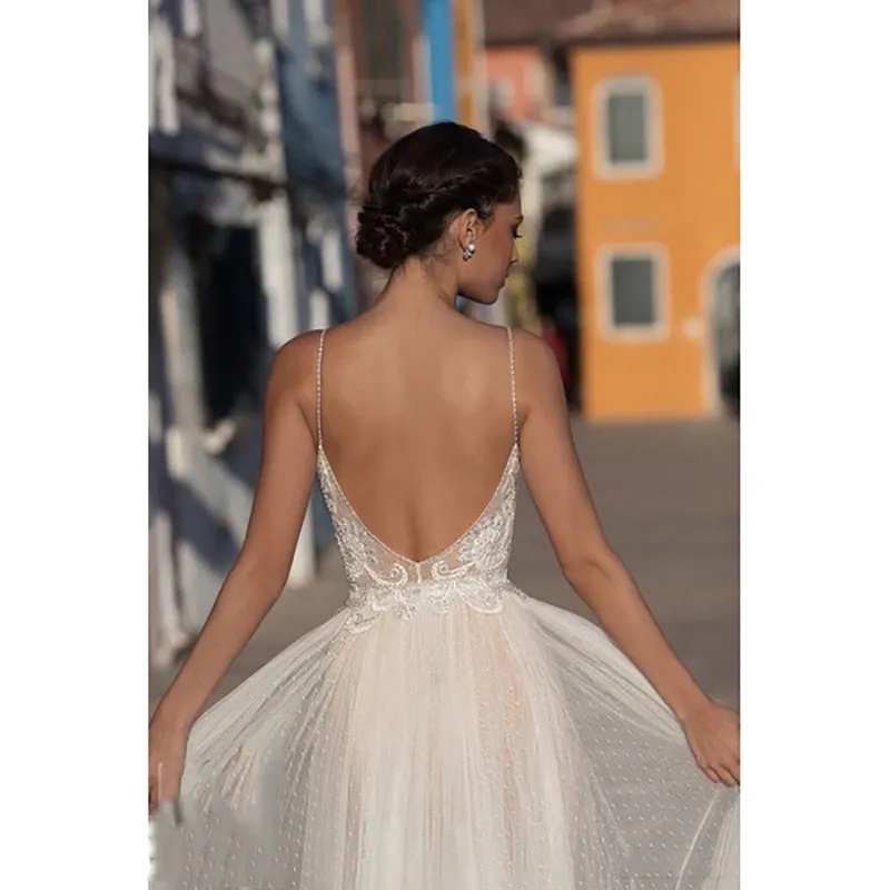 Beach Boho Bohemian Lace Bridal Backless Spaghetti Straps V Neck Wedding Gowns Dress