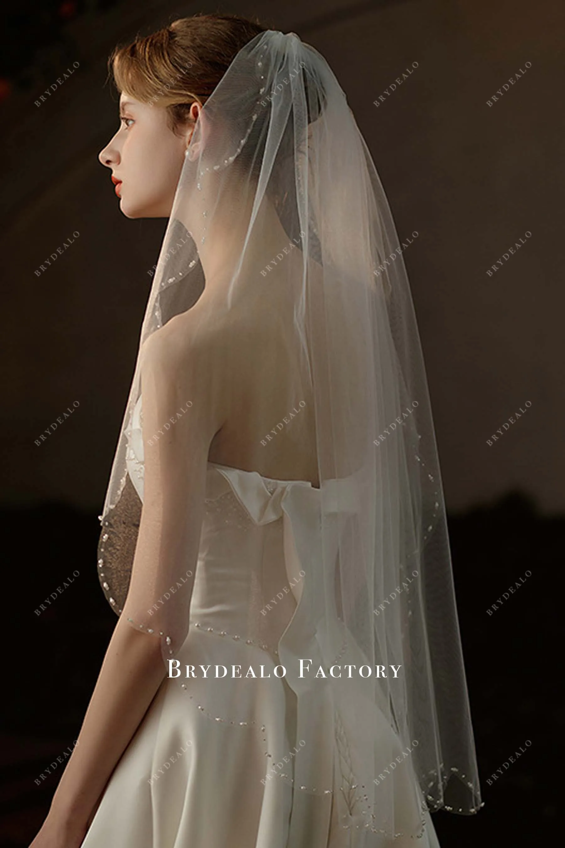 Beaded Scalloped Edge Fingertip Length Wedding Veil