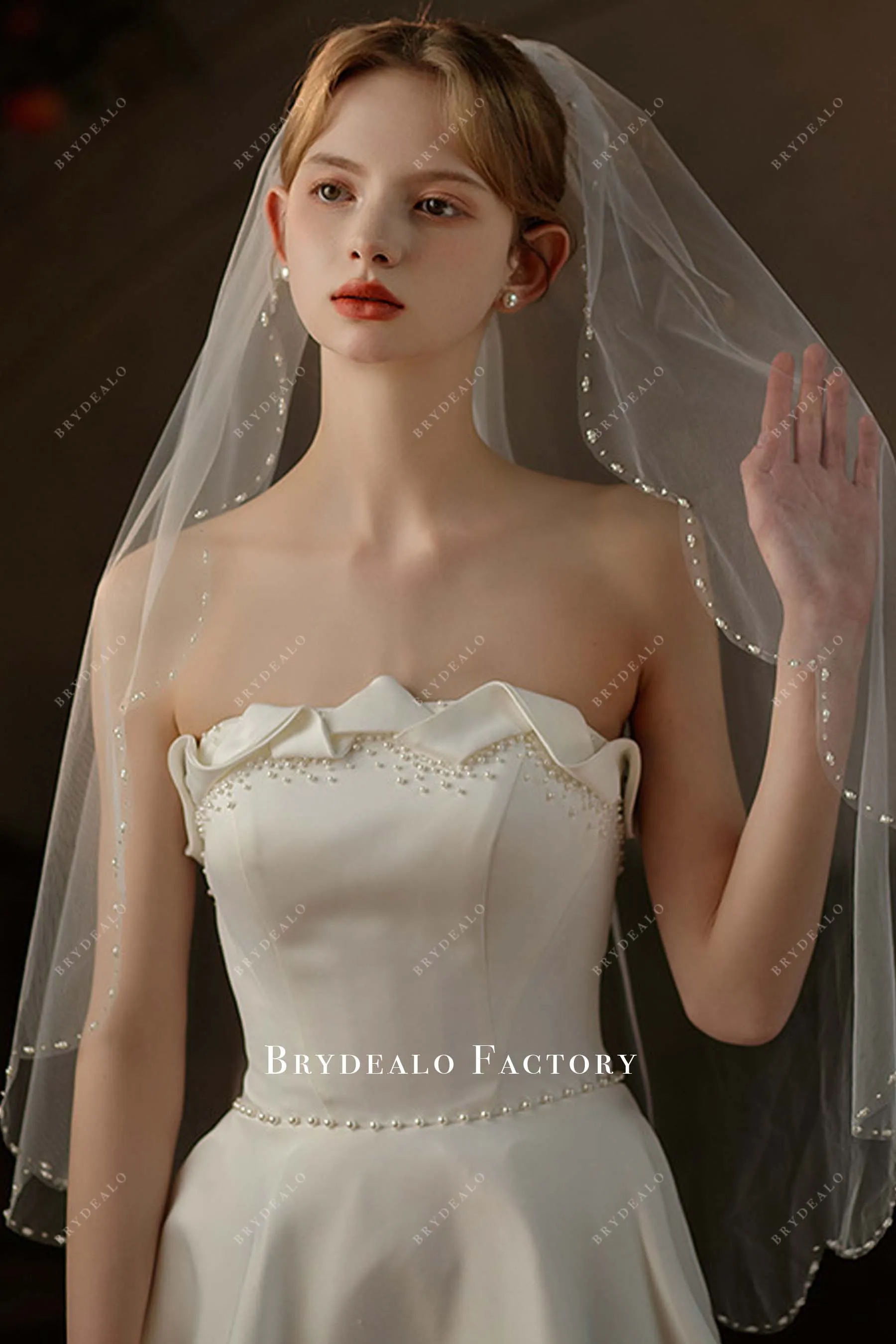 Beaded Scalloped Edge Fingertip Length Wedding Veil
