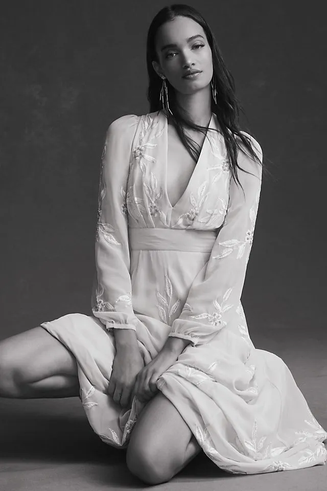 Bhldn Belize A-line Long Sleeve V-Neck Embroidered Wedding Dress ,  champagne