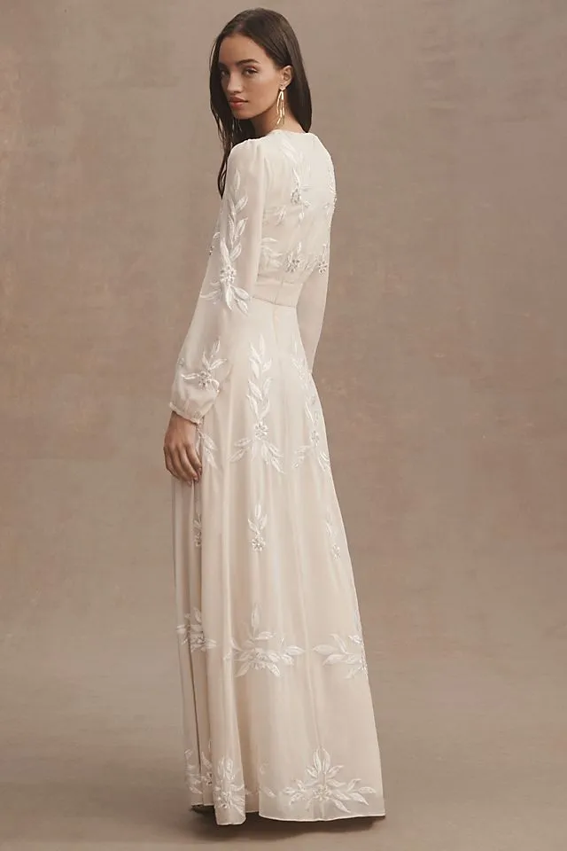 Bhldn Belize A-line Long Sleeve V-Neck Embroidered Wedding Dress ,  champagne