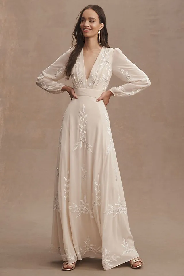 Bhldn Belize A-line Long Sleeve V-Neck Embroidered Wedding Dress ,  champagne