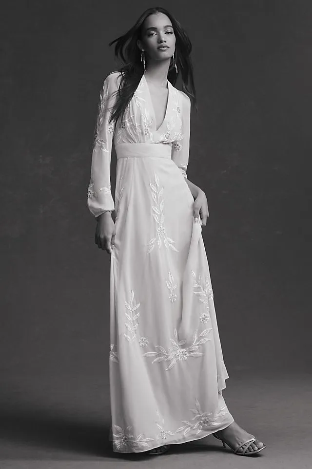 Bhldn Belize A-line Long Sleeve V-Neck Embroidered Wedding Dress ,  champagne
