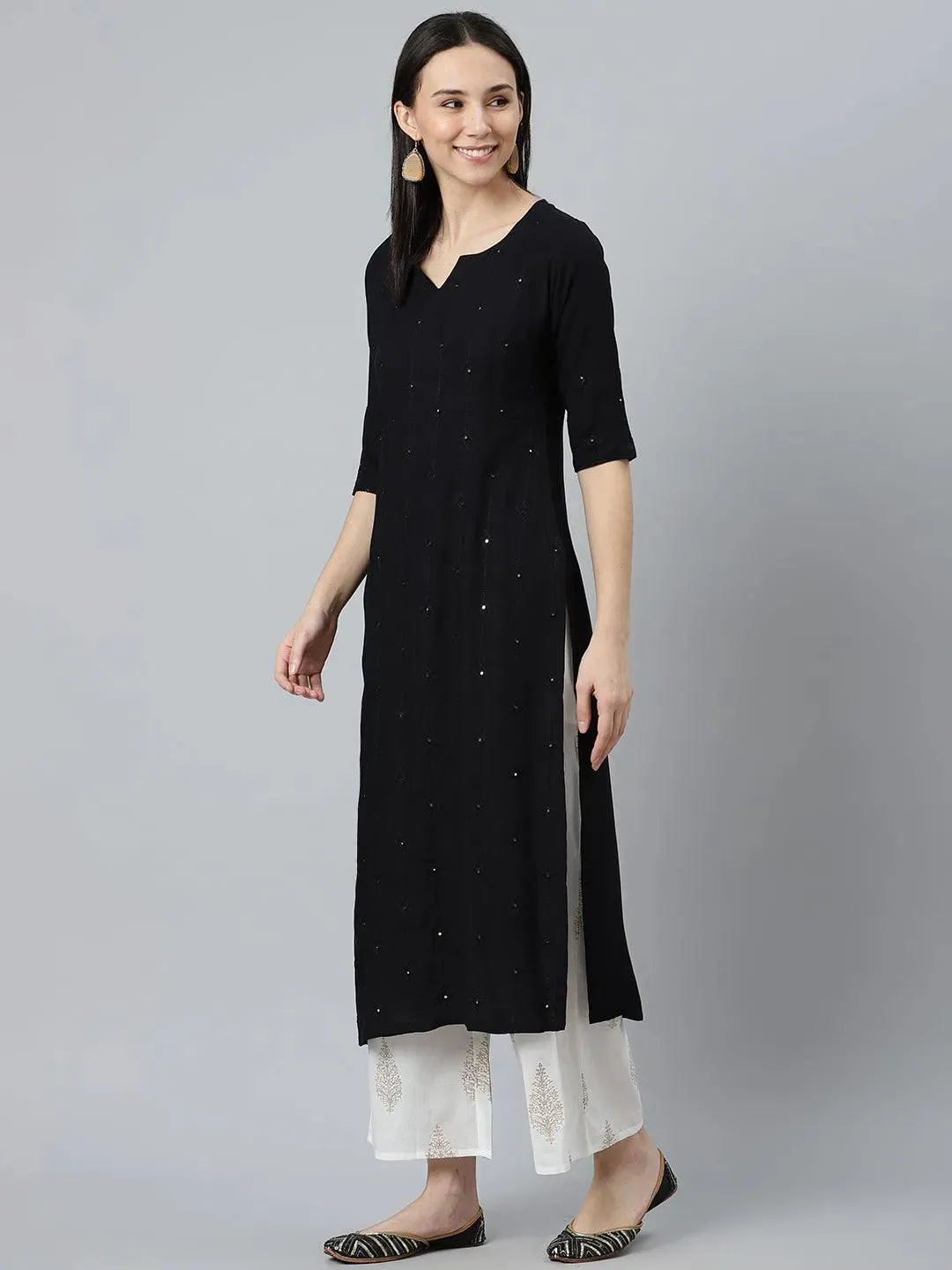 Black Embroidered Rayon Kurta