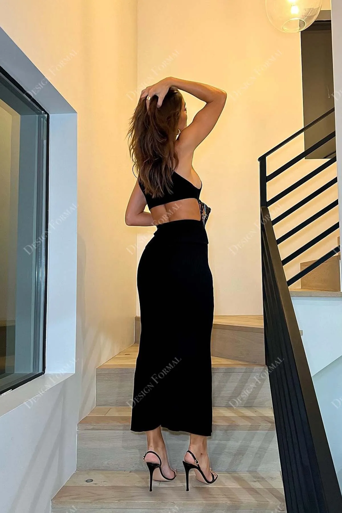 Black Matte Crepe Designer Cutout Ankle Length Slit Prom Dress