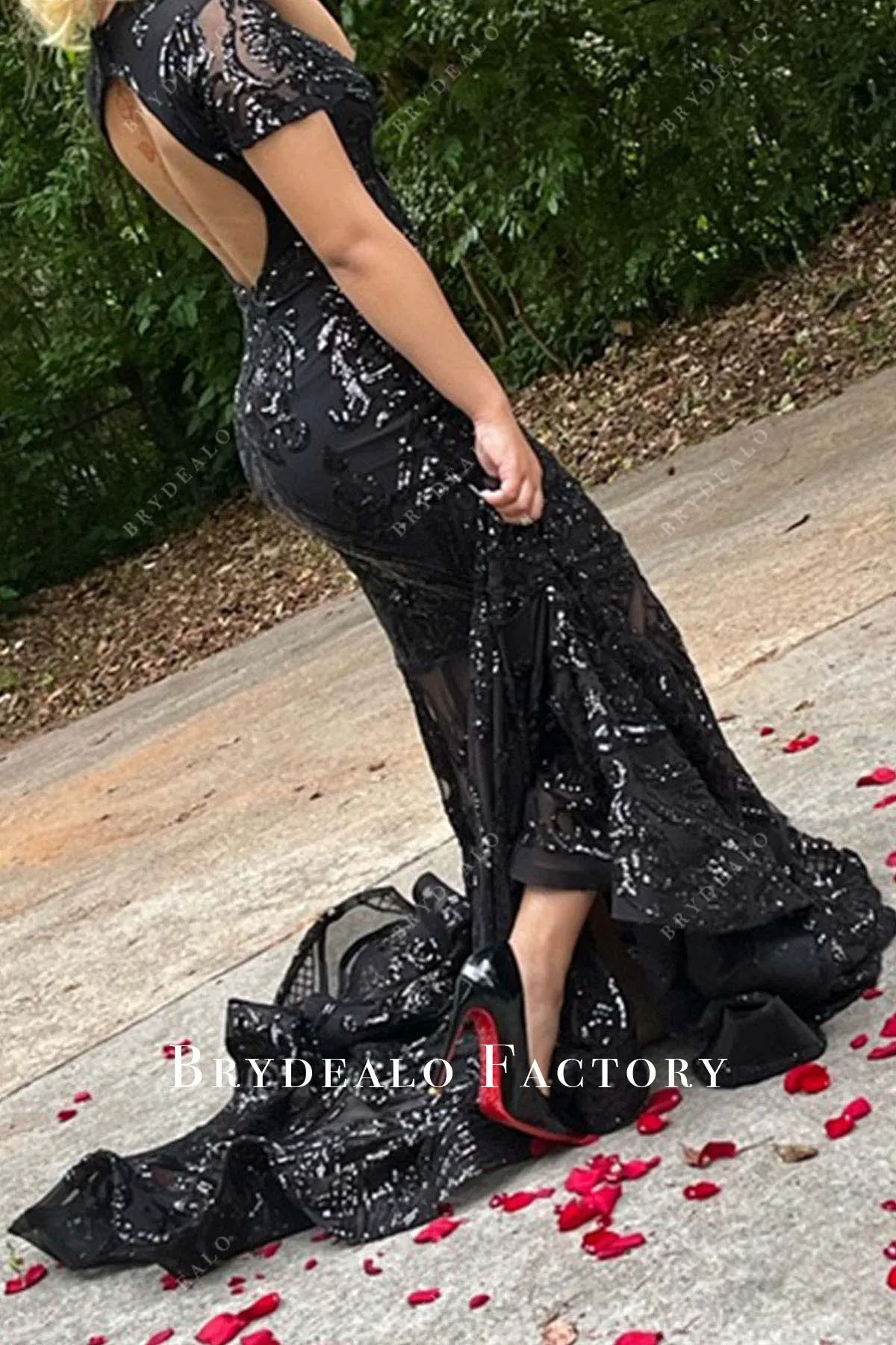 Black Sequin Short Sleeve Cutout Back Mermaid Long Train Prom Dress