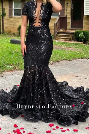 Black Sequin Short Sleeve Cutout Back Mermaid Long Train Prom Dress