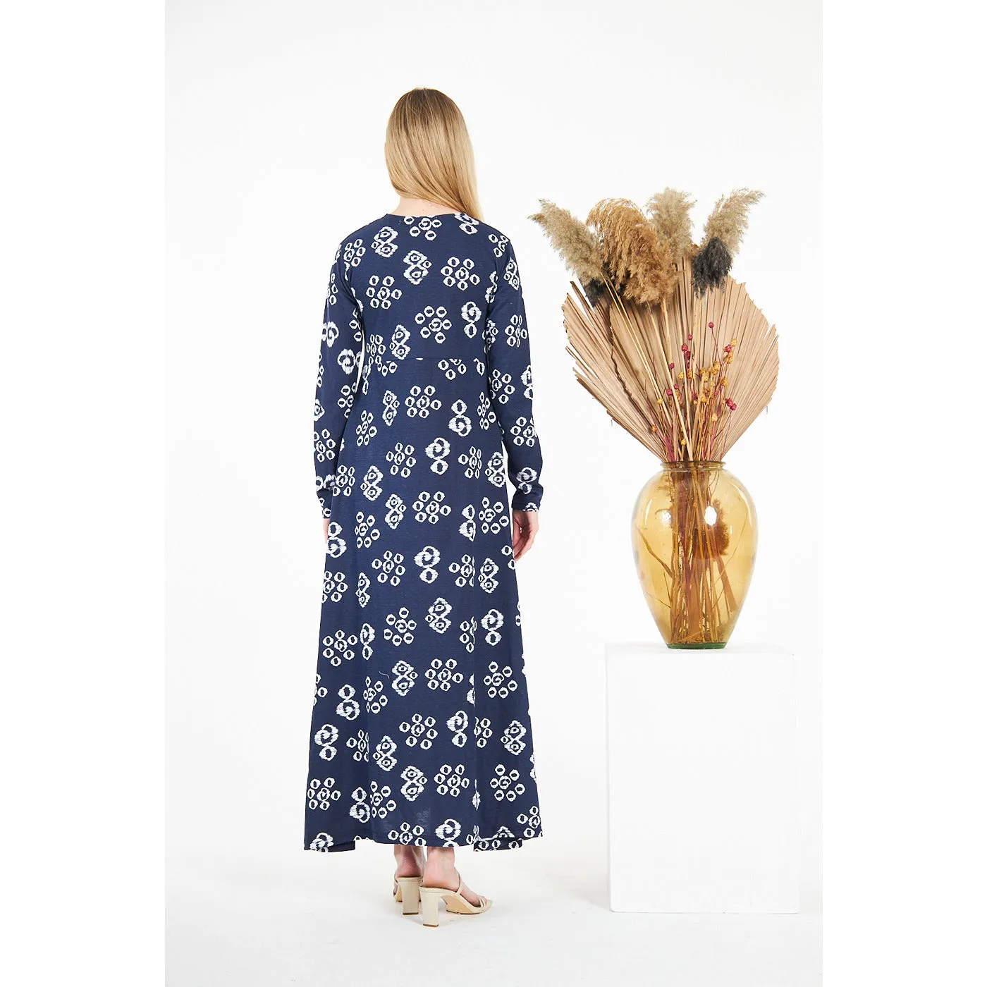 Blue Printed Double Breasted Long Dress