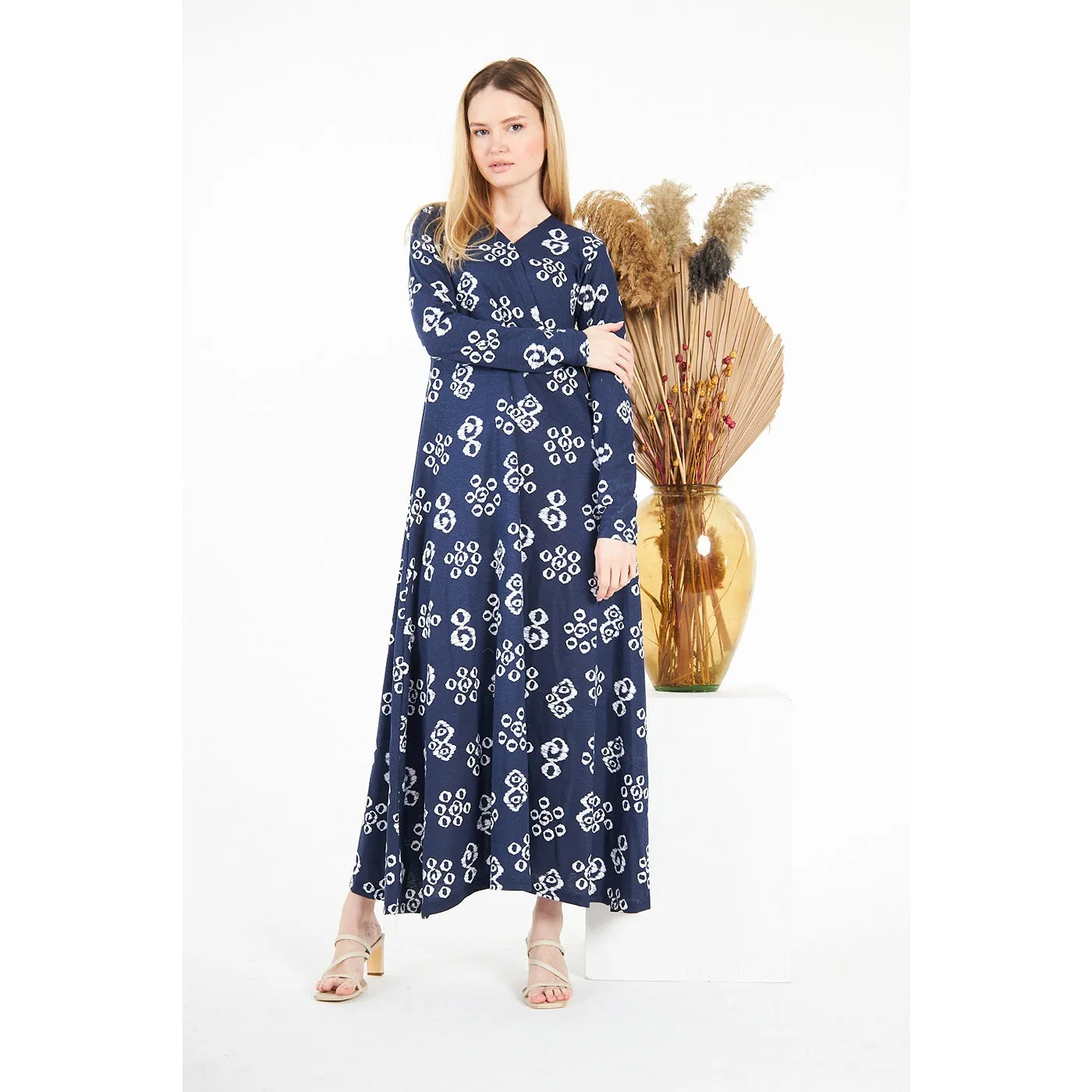 Blue Printed Double Breasted Long Dress