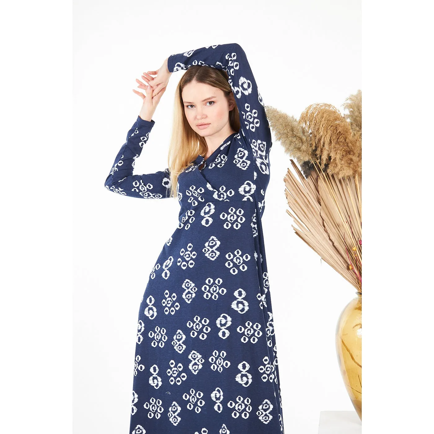 Blue Printed Double Breasted Long Dress