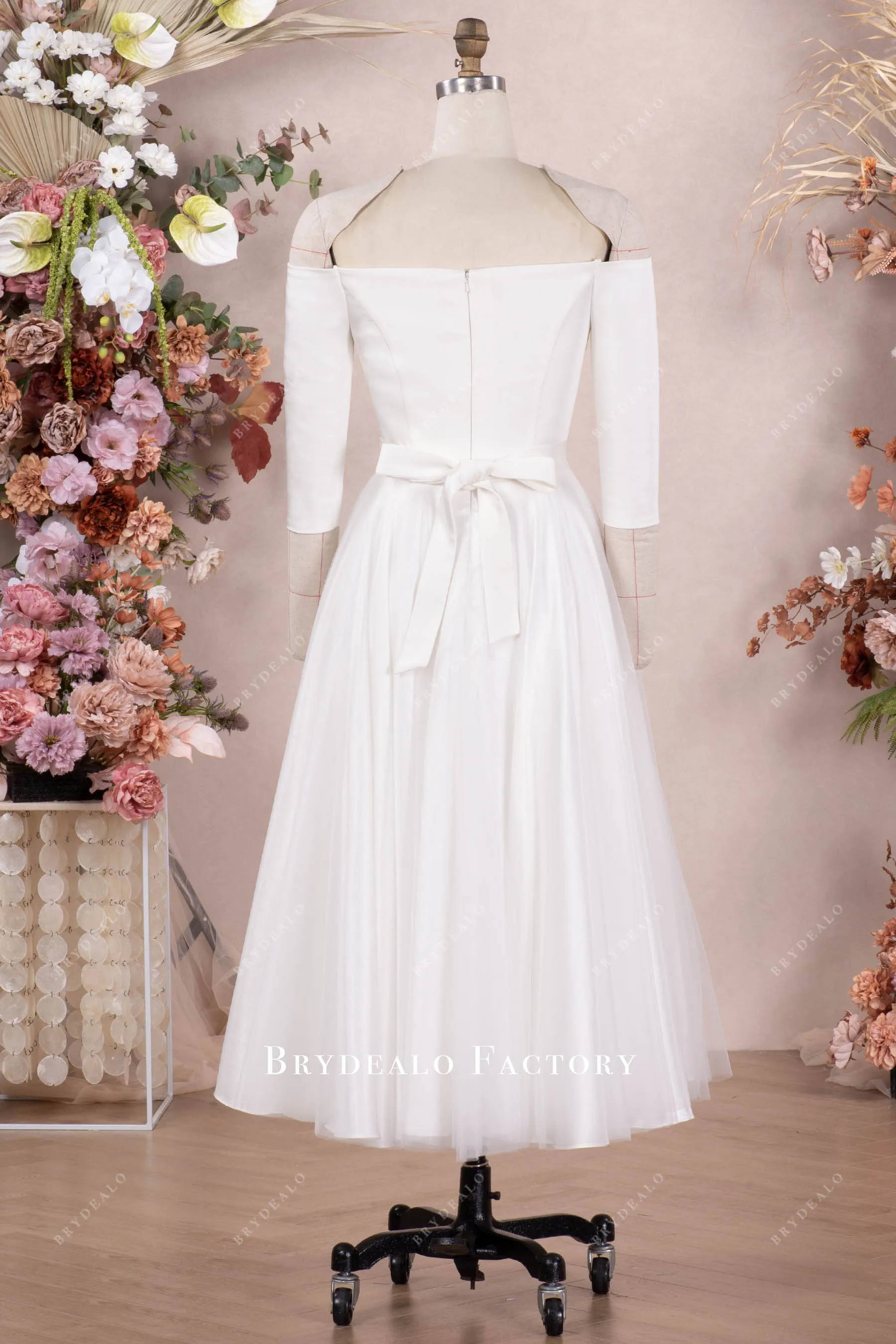 Casual White Three-Quarter Sleeves Tea Length Bridal Dress