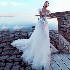 Champagne Boho Wedding Dresses luxury Sexy Backless Princess Bridal Dress Lace Appliques 3D Flowers Beach Long Wedding Gown