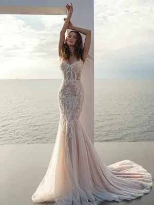 Champagne Mermaid Wedding Dress Spaghetti Straps Appliqued Lace Bridal Dresses Boho Wedding Gowns Свадебное пл