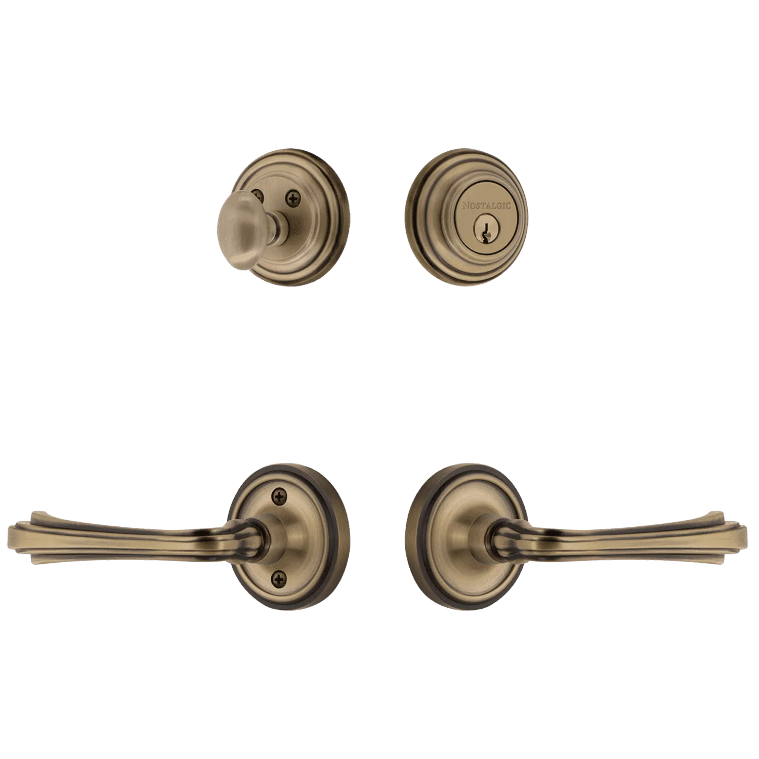 Classic Rosette Entry Set with Fleur Lever in Antique Brass