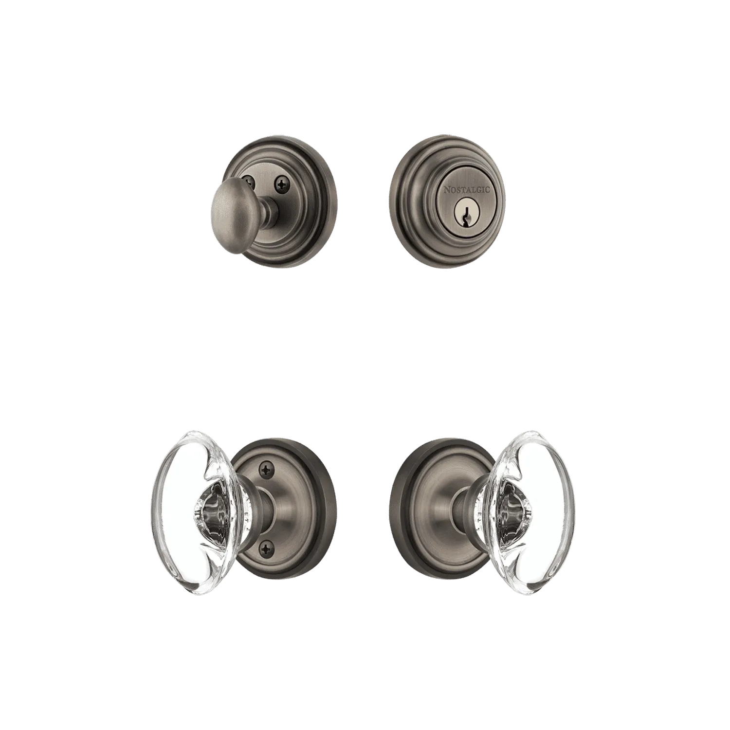 Classic Rosette Entry Set with Oval Clear Crystal Knob in Antique Pewter