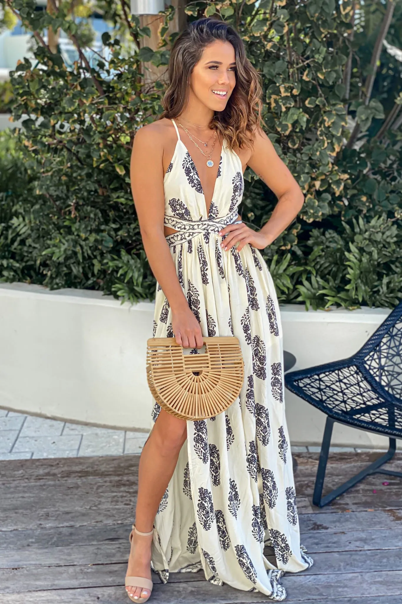 Cream and Black Printed Cut Out Maxi Dress