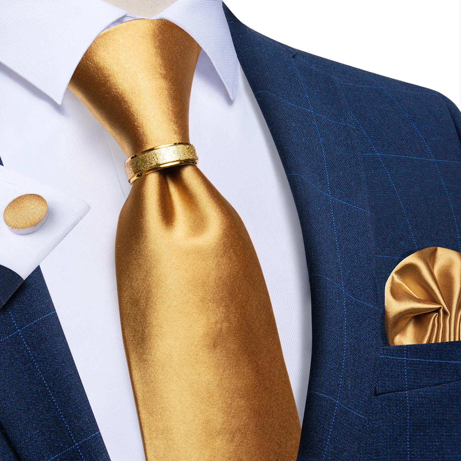 DiBanGu Gold Tie 4PCS Solid Silk Men's Tie Pocket Square Cufflinks with Tie Ring Set
