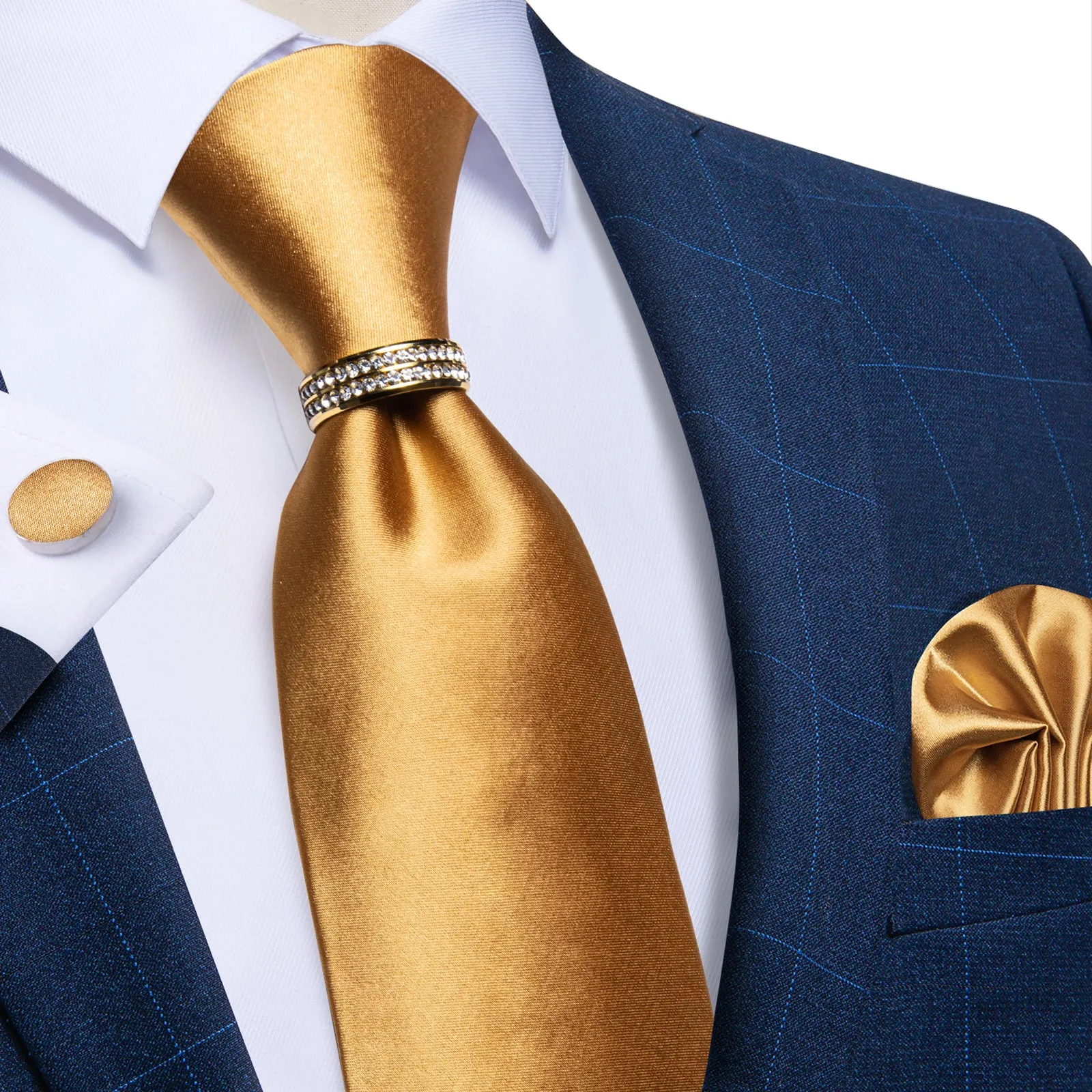 DiBanGu Gold Tie 4PCS Solid Silk Men's Tie Pocket Square Cufflinks with Tie Ring Set
