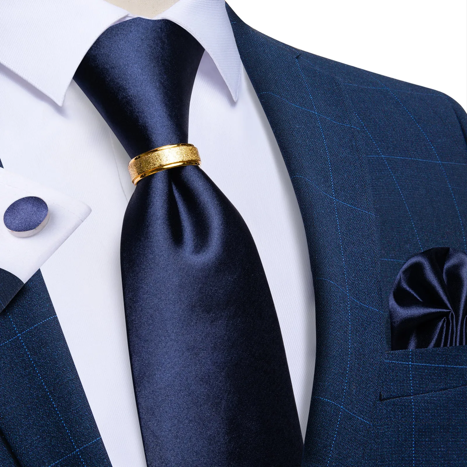 DiBanGu Silk Tie 4PCS Blue Solid Men's Tie Set with Suit Tie Ring